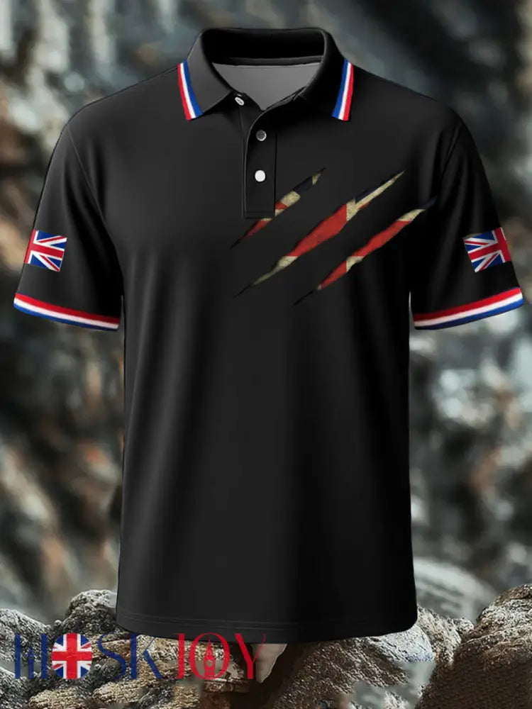 Men’s UK Flag Printed Polo Shirt - Black / S