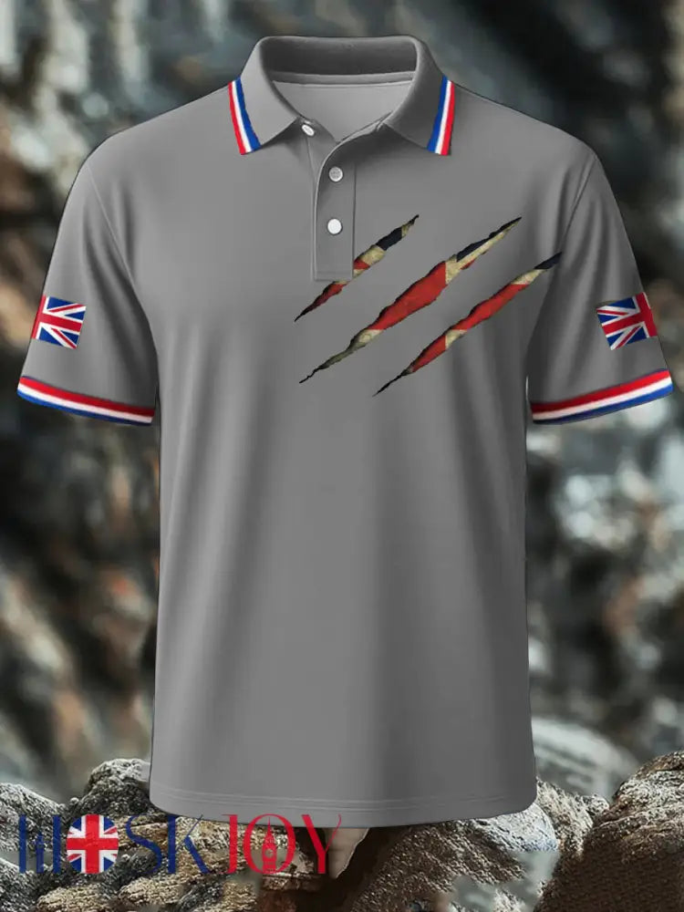 Men’s UK Flag Printed Polo Shirt - Light Gray / S