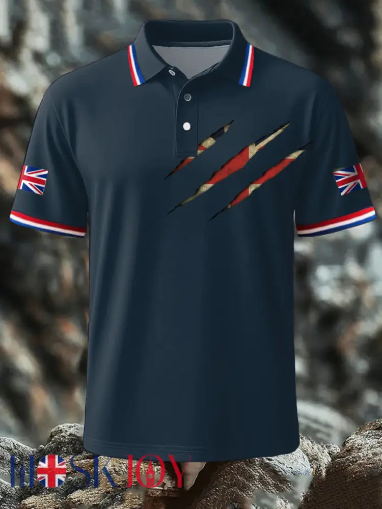Men’s UK Flag Printed Polo Shirt - Navy Blue / S