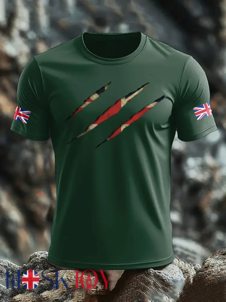 Men’s UK Flag Skull Printed T-shirt - Dark Green / S