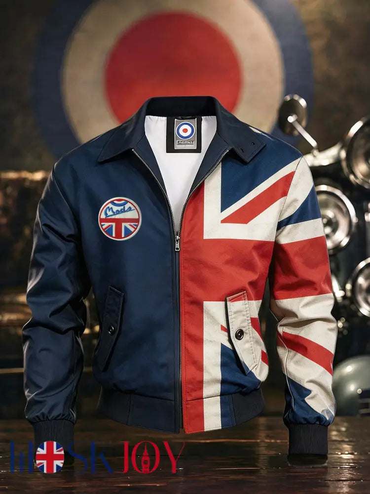 Men’s UK Mods Music Lover Printed Harrington Jacket - Navy Blue / S