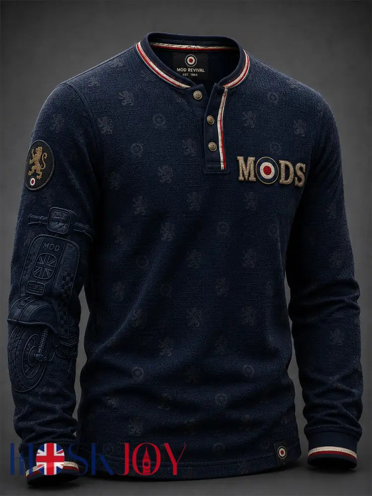 Men’s UK Mods Music Lover The Who Printed Henley-neck Long-sleeved T-shirt - Deep Blue / S