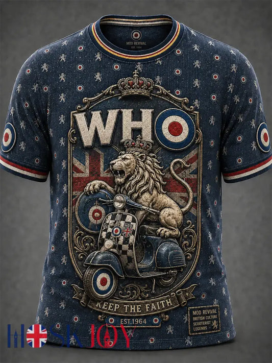 Men’s UK Mods Music Lover The Who Printed Short-Sleeved T-Shirt - Deep Blue / S