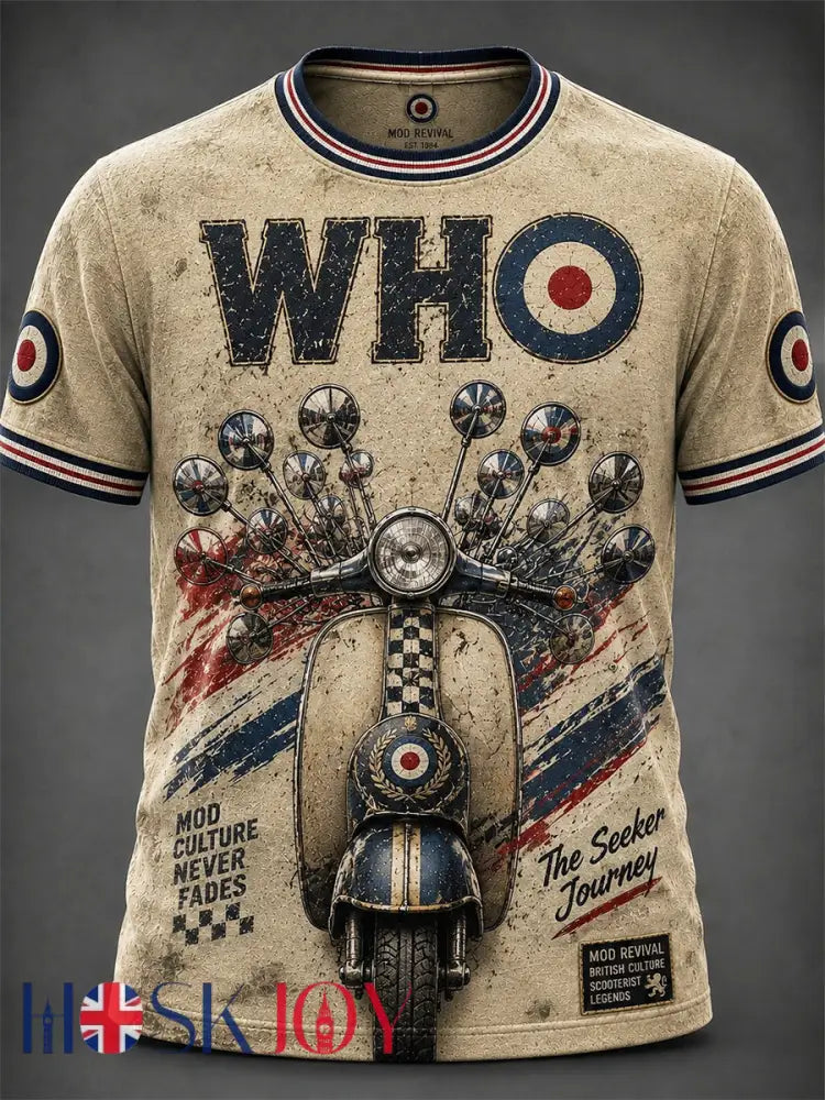 Men’s UK Mods Music Lover The Who Printed Short-Sleeved T-Shirt - Khaki / S
