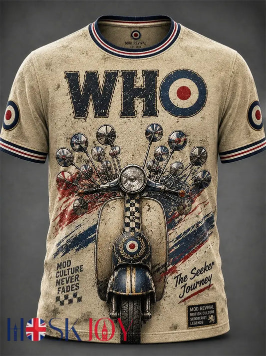Men’s UK Mods Music Lover The Who Printed Short-Sleeved T-Shirt - Khaki / S