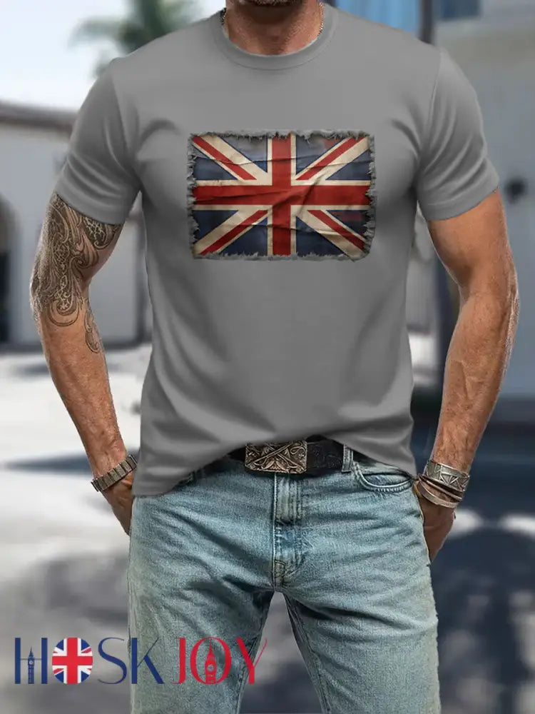 Men’s UK Patriotic Flag Printed T-shirt - Light Gray / S