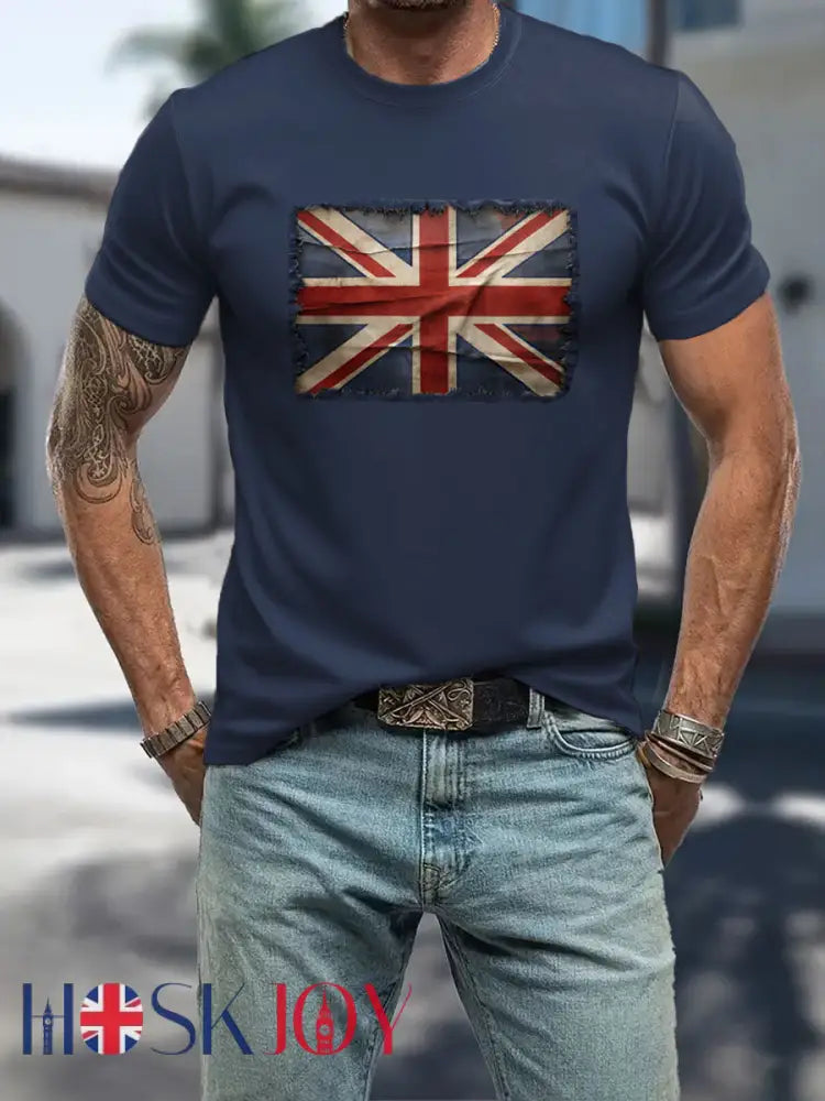 Men’s UK Patriotic Flag Printed T-shirt - Navy Blue / S