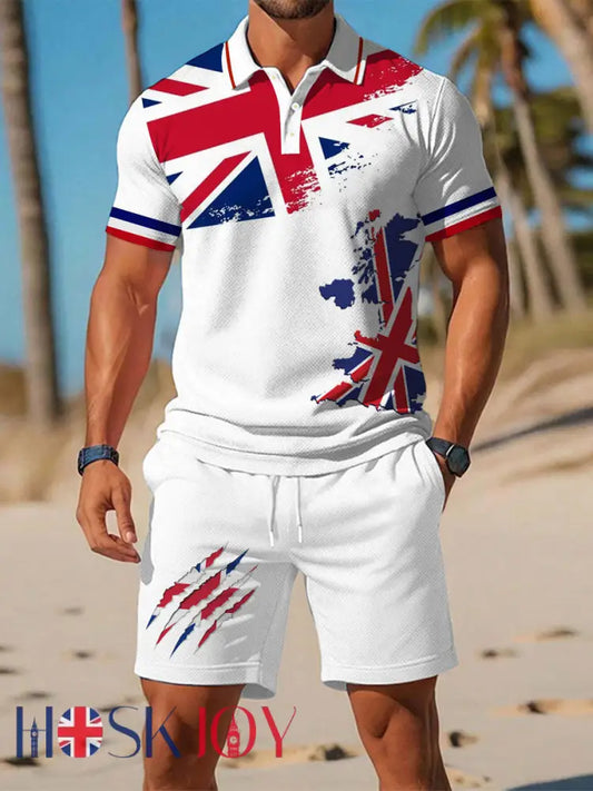 Men’s Union Jack Print Casual Polo Set - White / S