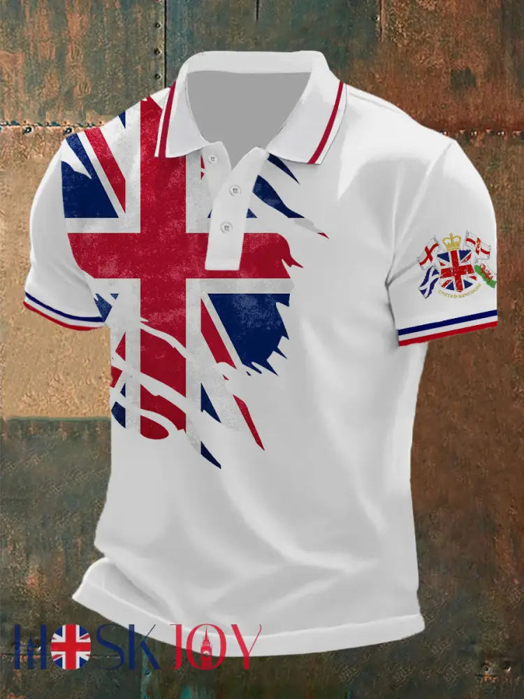 Men’s Union Jack Print Casual Polo Shirt - White / S