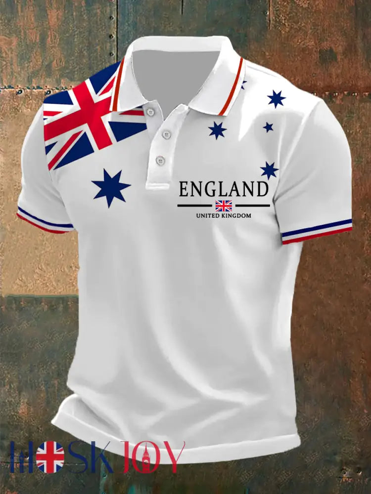 Men’s Union Jack Print Casual Polo Shirt - White / S