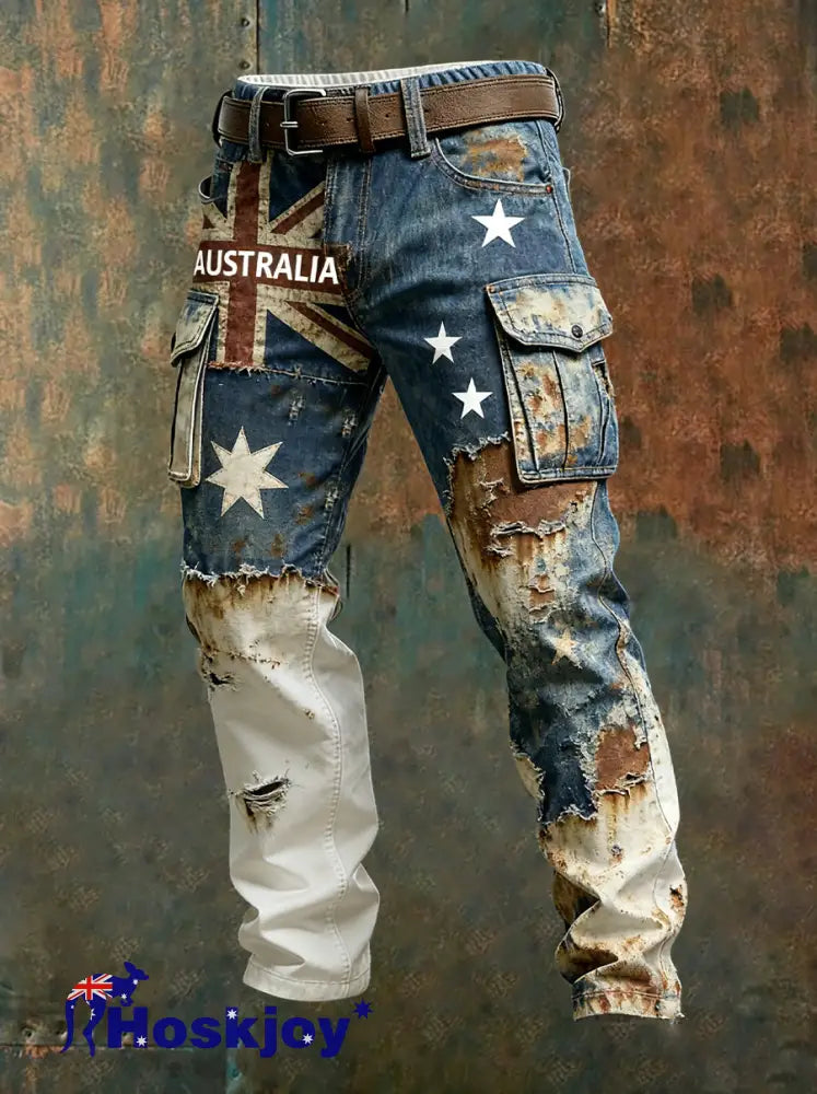Men’s Vintage Australian Flag Art Print Business Casual Work Pants A / S