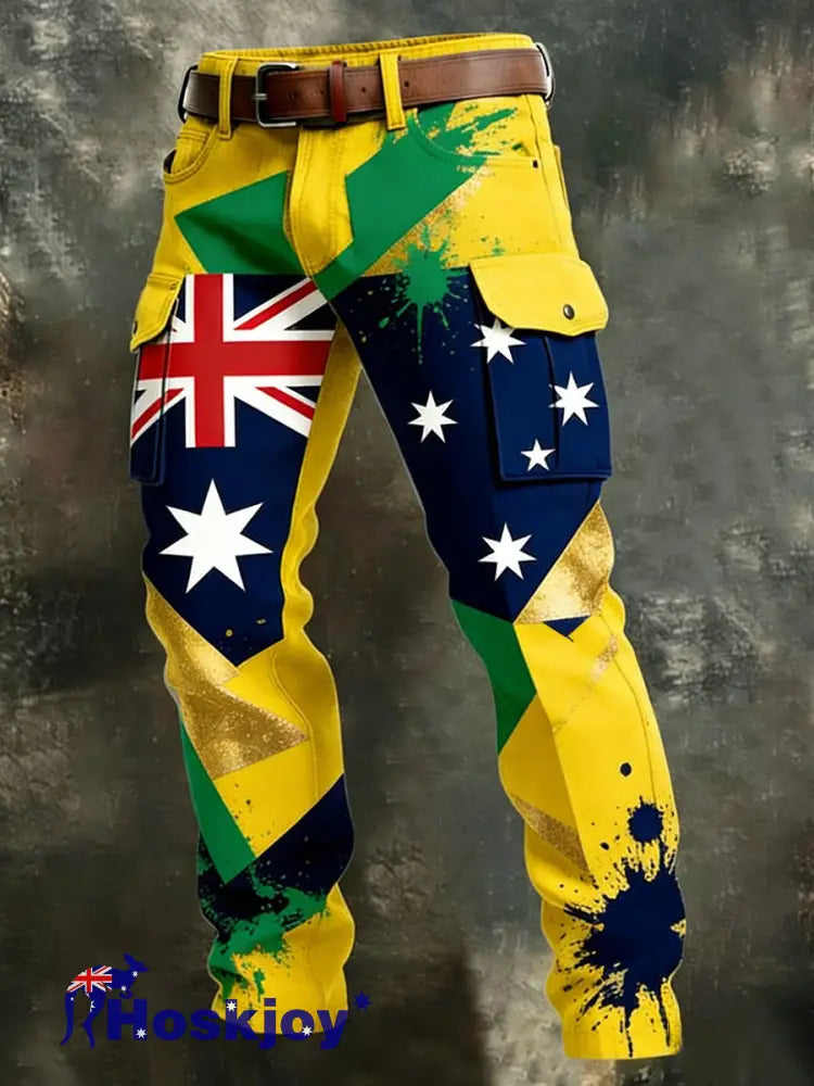 Men’s Vintage Australian Flag Art Print Business Casual Work Pants Yellow / S