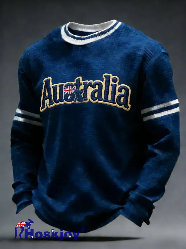 Men’s Vintage Australian Flag Badge Casual Waffle Weave Top Blue / S