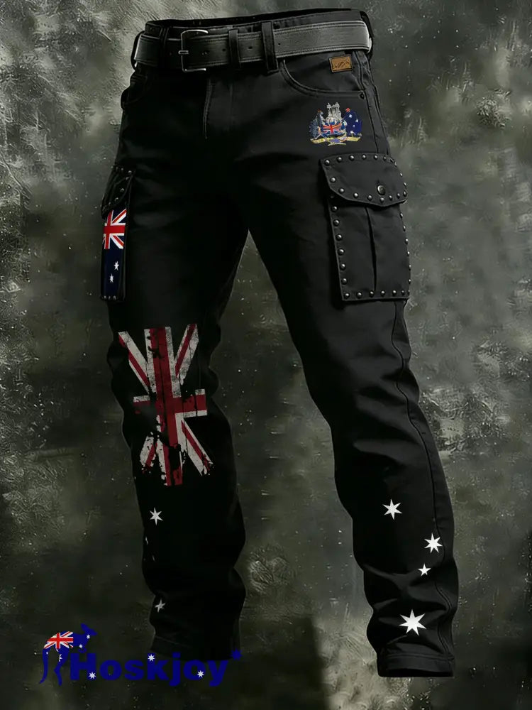Men’s Vintage Australian Flag Badge Distressed Pocket Cargo Pants Black / S