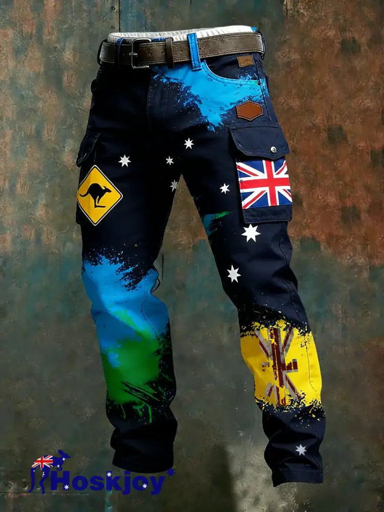 Men’s Vintage Australian Flag Badge Distressed Pocket Cargo Pants Navy Blue / S