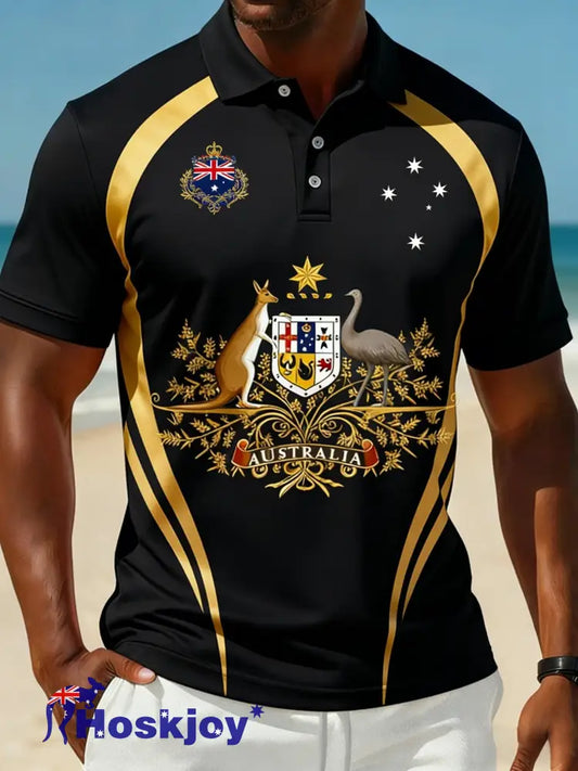 Men’s Vintage Australian Flag Badge Printed Casual Cotton Short Sleeve Polo Shirt Black / S