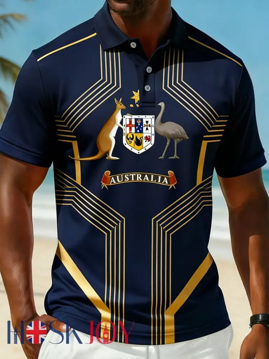 Men’s Vintage Australian Flag Badge Printed Casual Cotton Short Sleeve Sports Stripe Polo Shirt Navy Blue / S