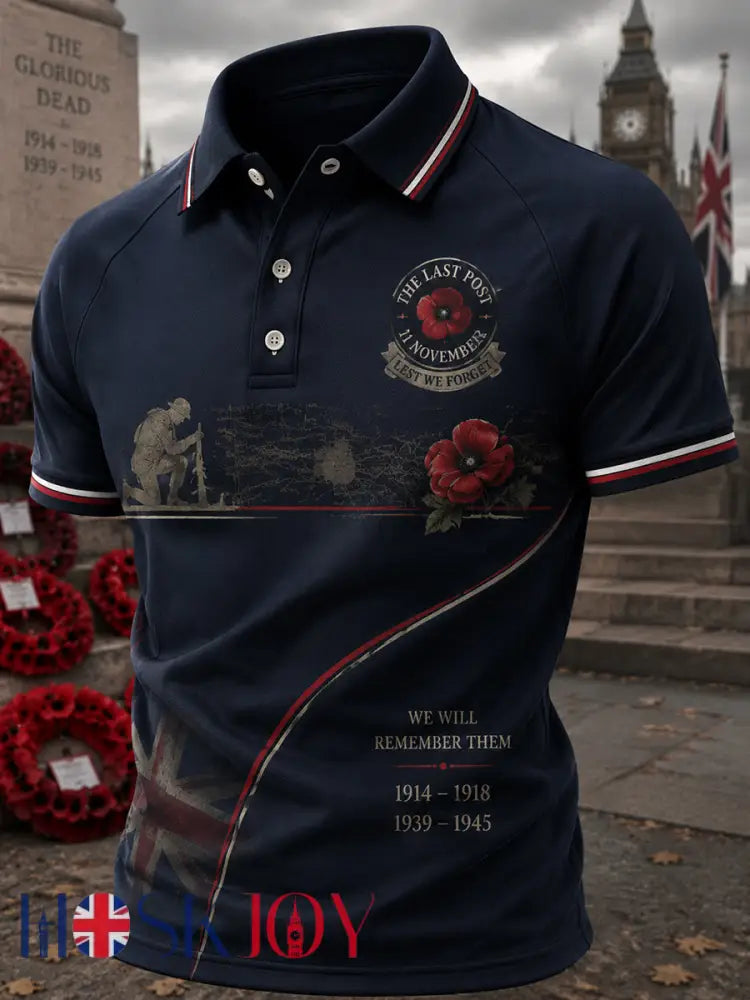 Men’s Vintage British Rememberance Day-Themed Printed Polo Shirt - A / S