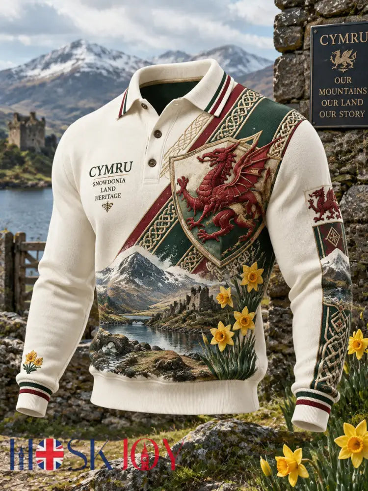 Men’s Vintage Britsh Wales Printed Long-sleeved Polo Shirt - A / S