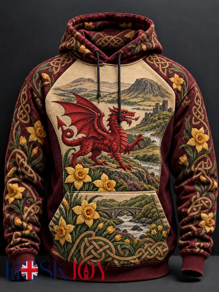 Men’s Vintage-Style British Welsh Art Print Casual Hoodie - A / S