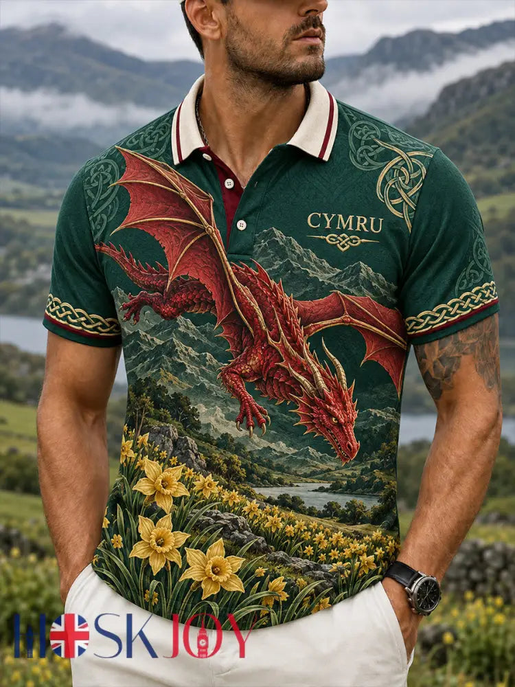 Men’s Vintage-Style Casual Polo Shirt with British Welsh Art Print - A / S