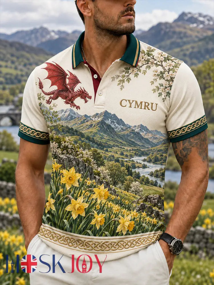 Men’s Vintage-Style Casual Polo Shirt with British Welsh Art Print - A / S