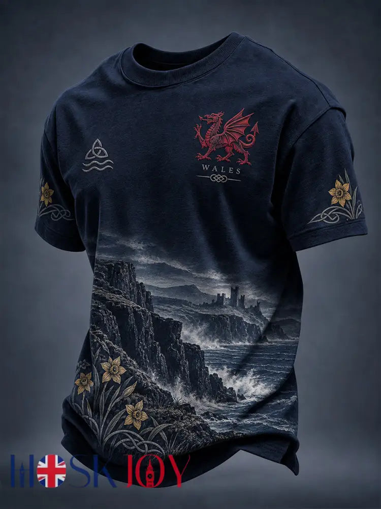 Men’s Vintage-Style Casual T-Shirt with Welsh Art Print - A / S