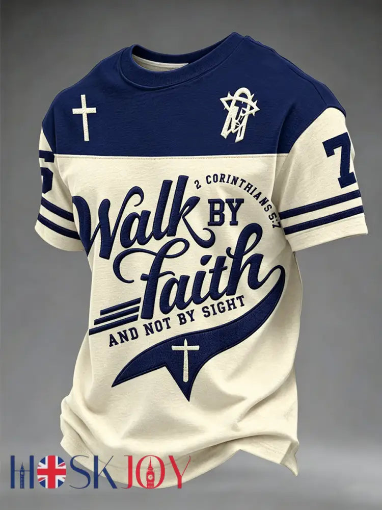Men’s Walk By Faith And Not By Sight Short Sleeves T-shirt - Blue / S
