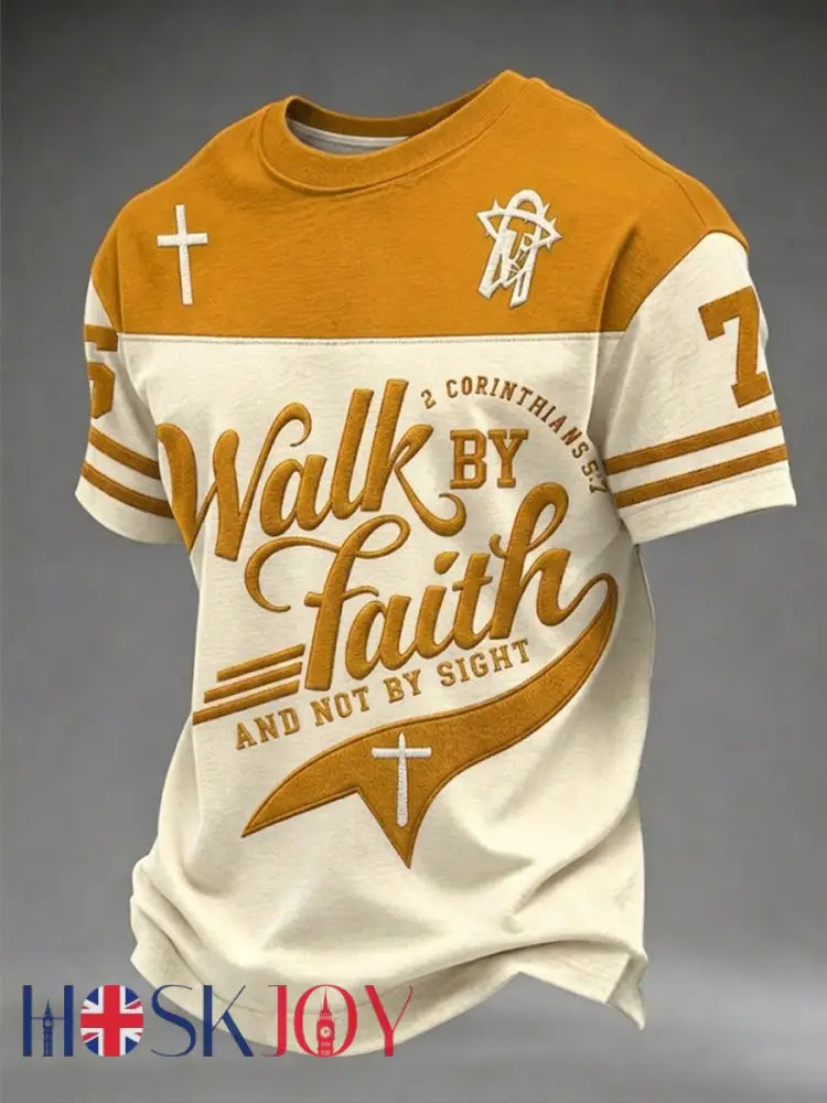 Men’s Walk By Faith And Not By Sight Short Sleeves T-shirt - Yellow / S