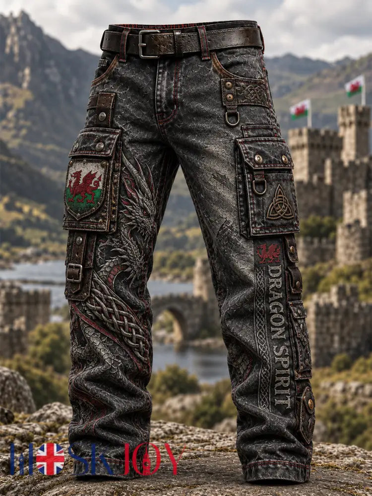 Men’s Welsh Cultural Element Art Print Casual Work Trousers - Black / S