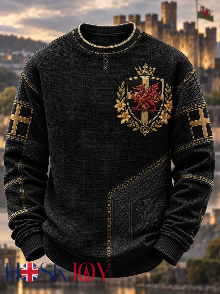 Men’s Welsh Cultural Element Art Print Crew Neck Sweatshirt - Black / S