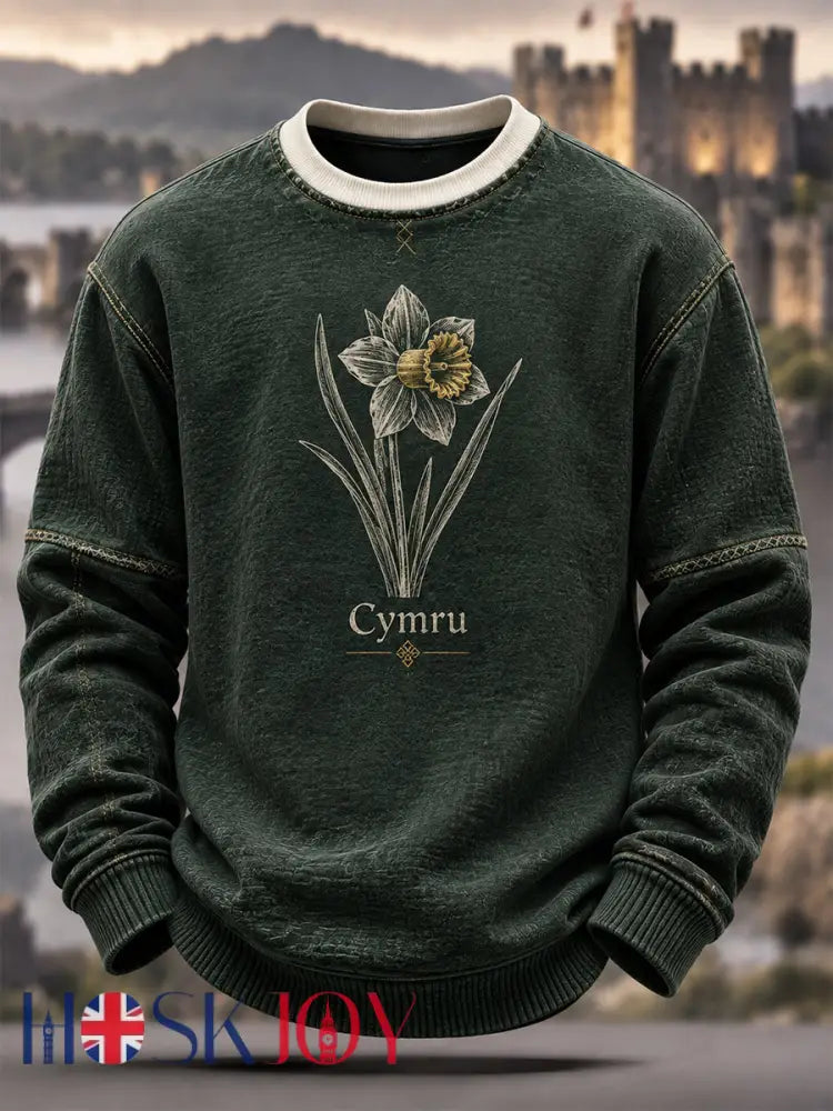 Men’s Welsh Cultural Element Art Print Crew Neck Sweatshirt - Dark Green / S