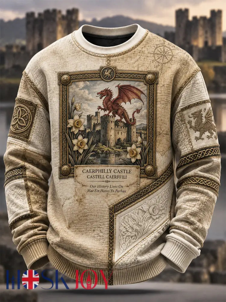 Men’s Welsh Cultural Element Art Print Crew Neck Sweatshirt - Khaki / S