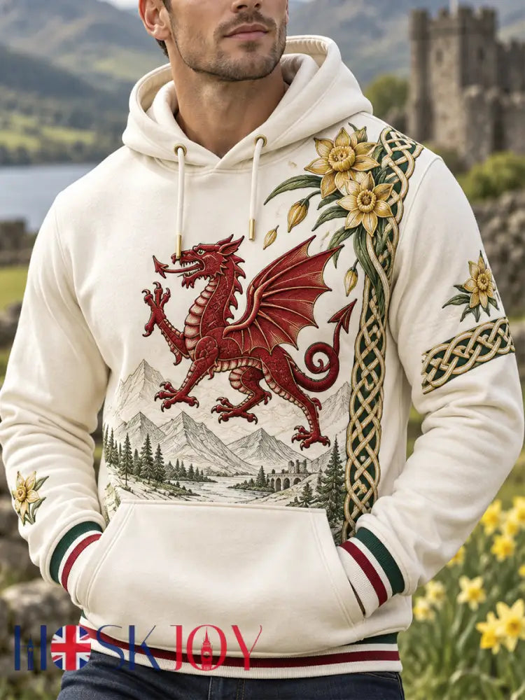 Men’s Welsh Cultural Element Art Print Hooded Sweatshirt - Apricot / S