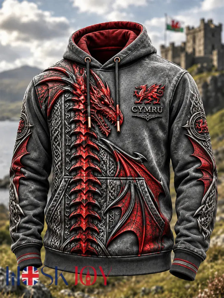 Men’s Welsh Cultural Element Art Print Hooded Sweatshirt - Gray / S