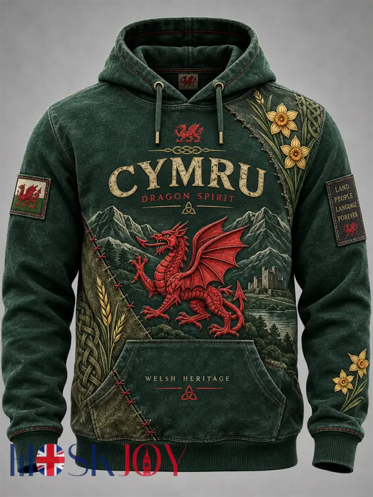 Men’s Welsh Cultural Element Art Print Hoodie - Green / S