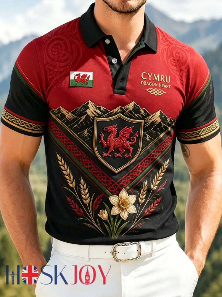 Men’s Welsh Cultural Element Art Print Polo - A / S