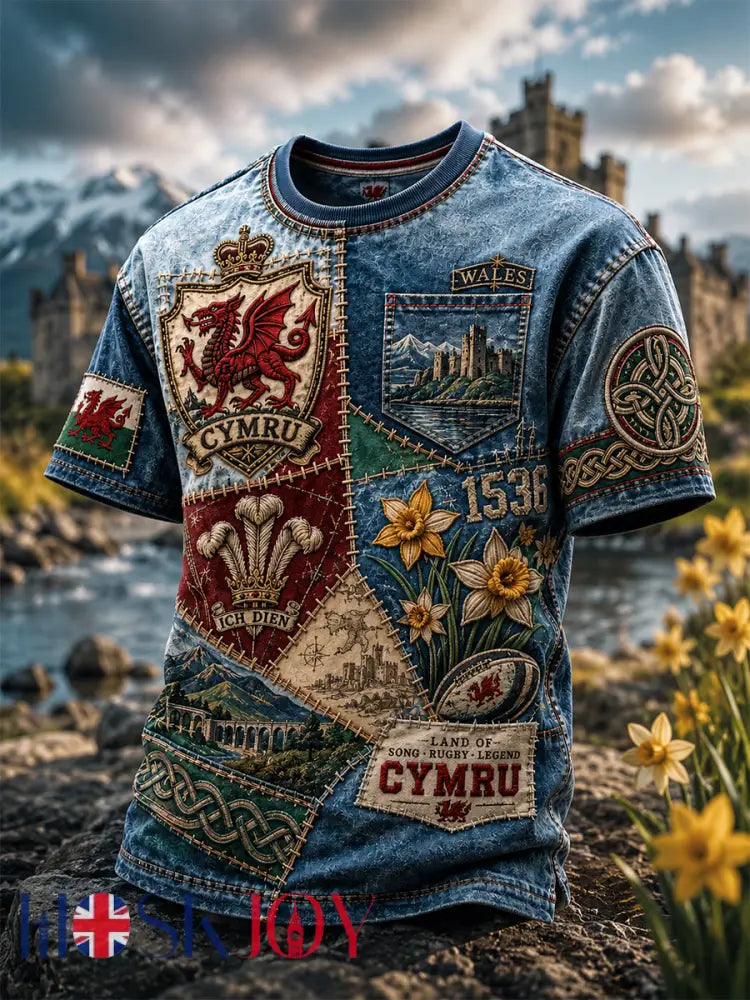 Men’s Welsh Cultural Element Art Print T-Shirt - Blue / S