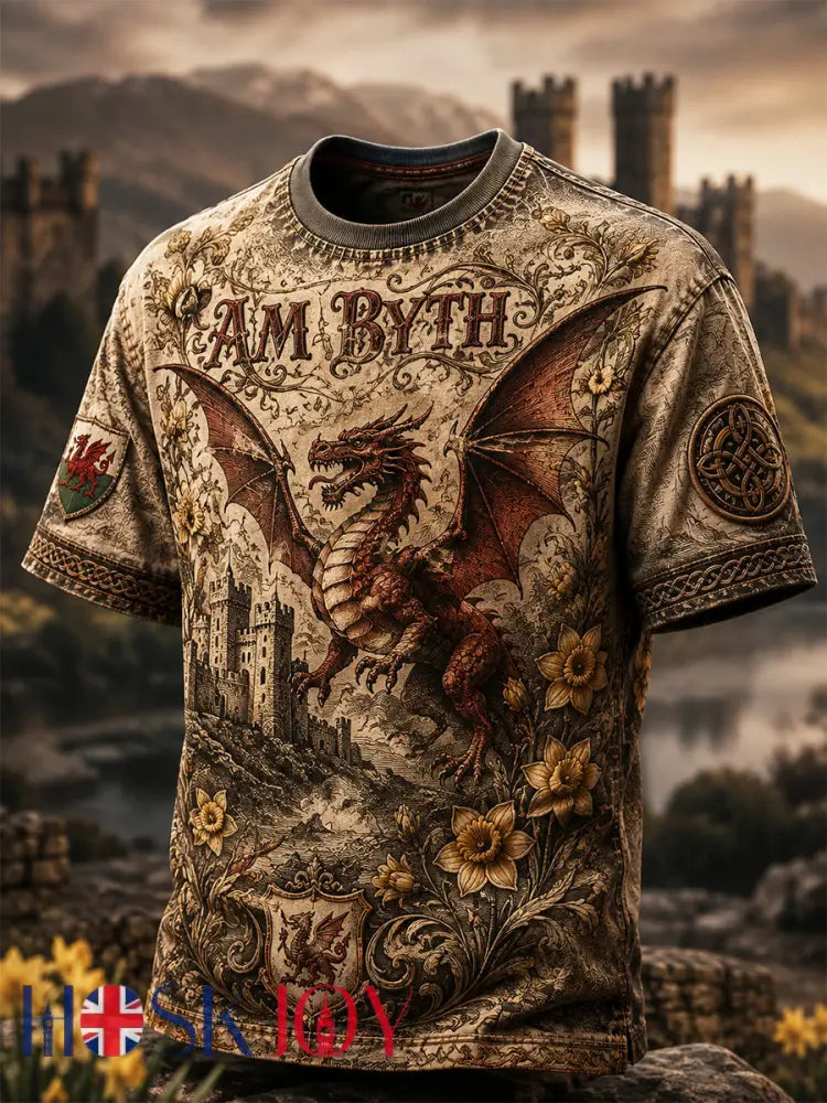 Men’s Welsh Cultural Element Art Print T-Shirt - Khaki / S