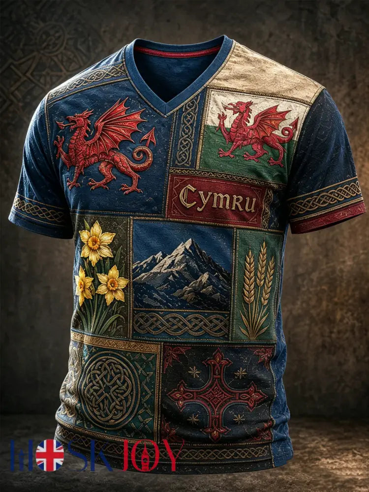 Men’s Welsh Cultural Element Art Print V-Neck T-Shirt - A / S