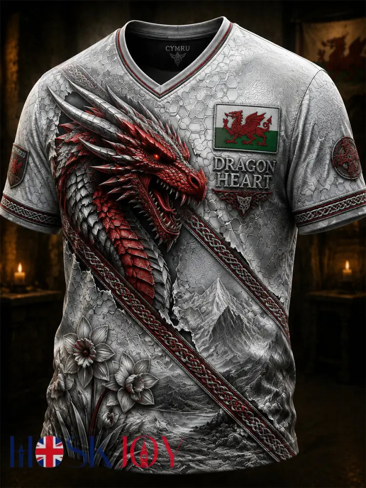 Men’s Welsh Ddraig Goch Printed V-neck T-shirt - Gray / S