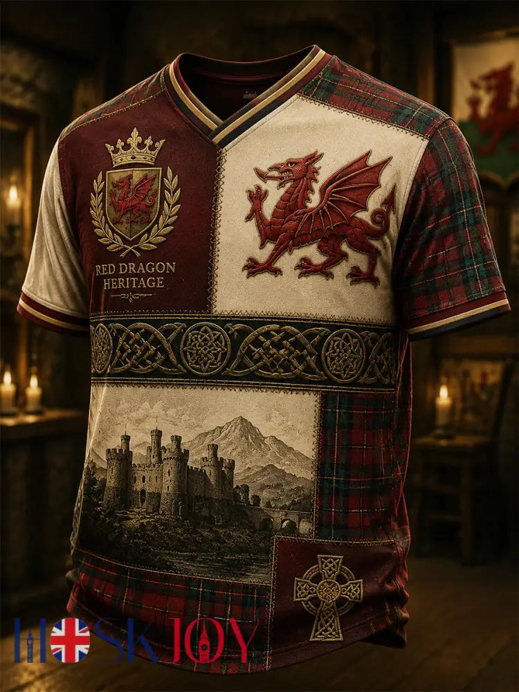 Men’s Welsh Ddraig Goch Printed V-neck T-shirt - Red / S