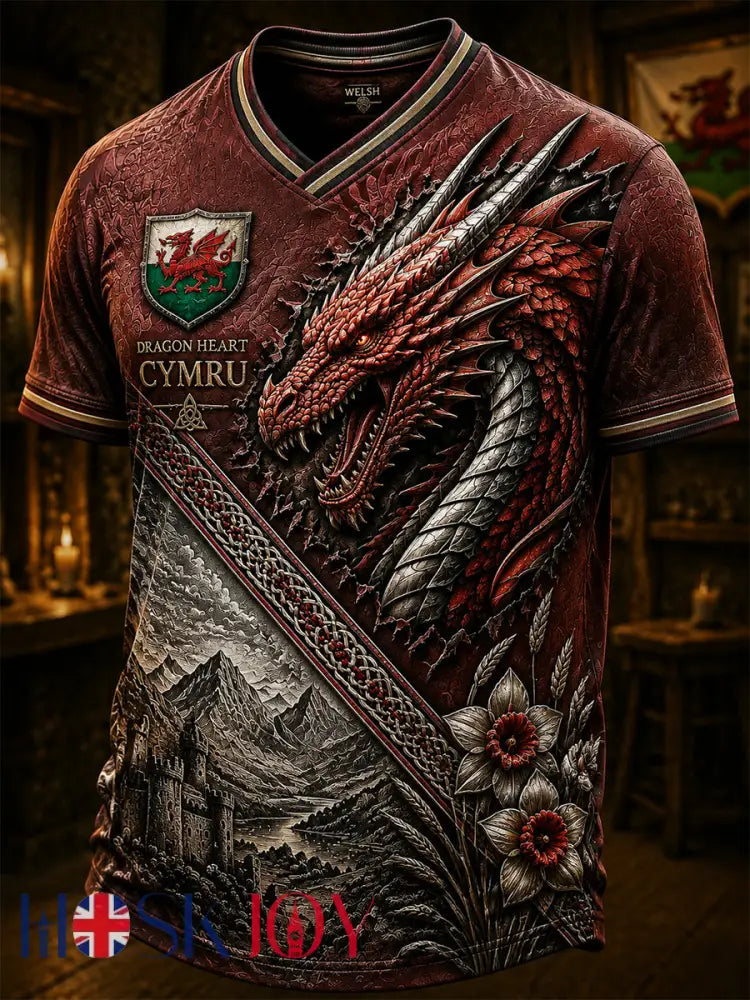 Men’s Welsh Ddraig Goch Printed V-neck T-shirt - Red / S