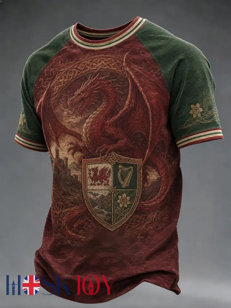 Men’s Welsh Dragon Celtic Heritage Printed Casual Short Sleeves T-shirt - As picture / S