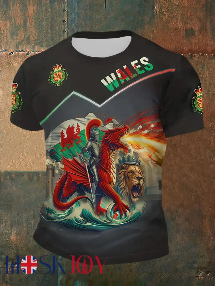 Men’s Welsh Dragon Print Casual T-shirt - Black / S