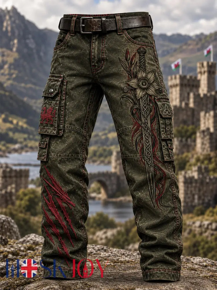 Men’s Welsh Dragon Printed Casual Work Trousers - Army Green / S