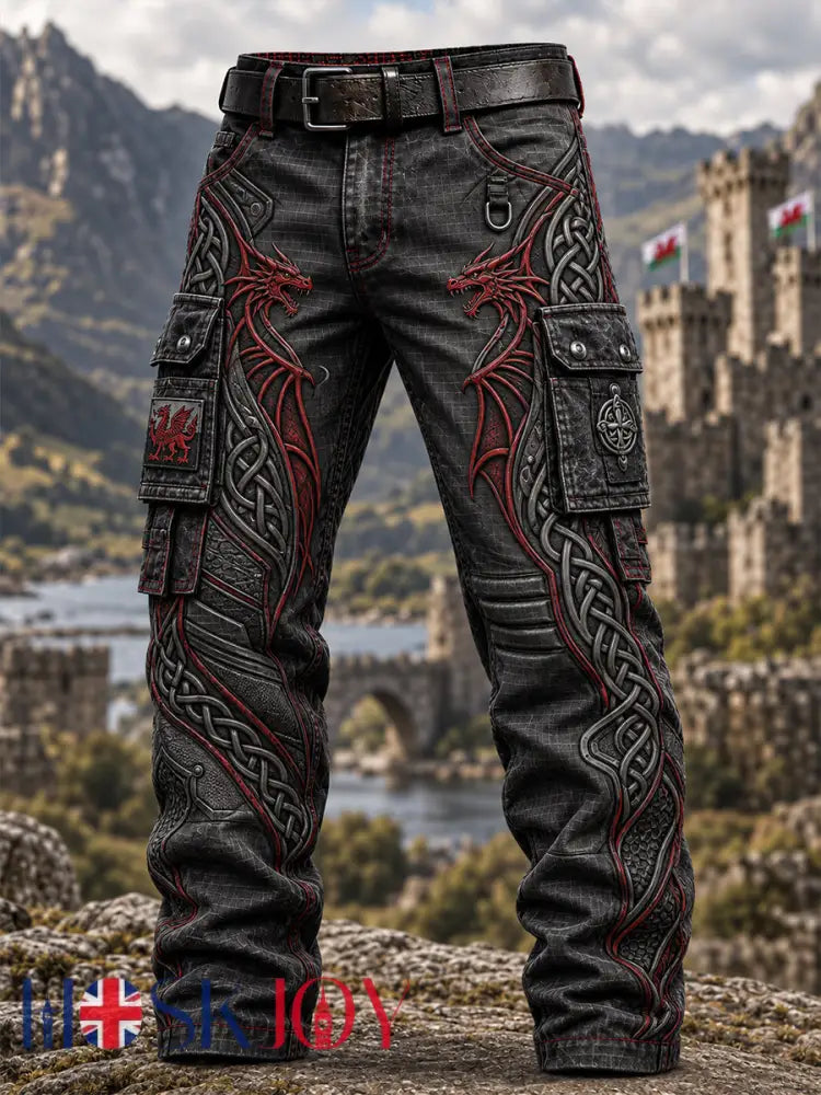 Men’s Welsh Dragon Printed Casual Work Trousers - Black / S