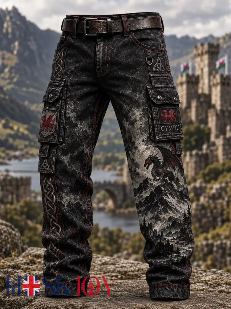 Men’s Welsh Dragon Printed Casual Work Trousers - Black / S