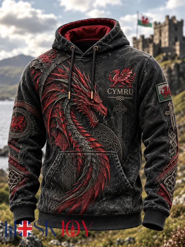 Men’s Welsh Dragon Printed Hooded Sweatshirt - Black / S