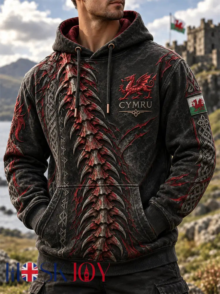 Men’s Welsh Dragon Printed Hooded Sweatshirt - Black / S